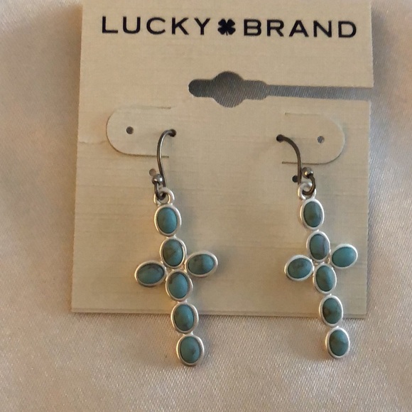 Lucky Brand Silver Tone Cross Drop Earrings Turquoise Accents NWT - Picture 4 of 10